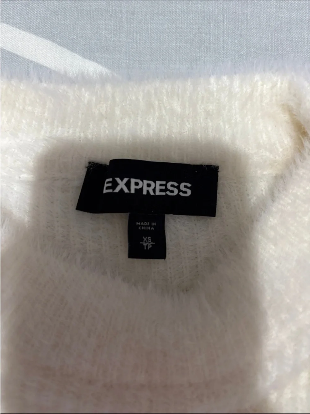 Express Cream White Tie Front Fuzzy Cropped Sweater